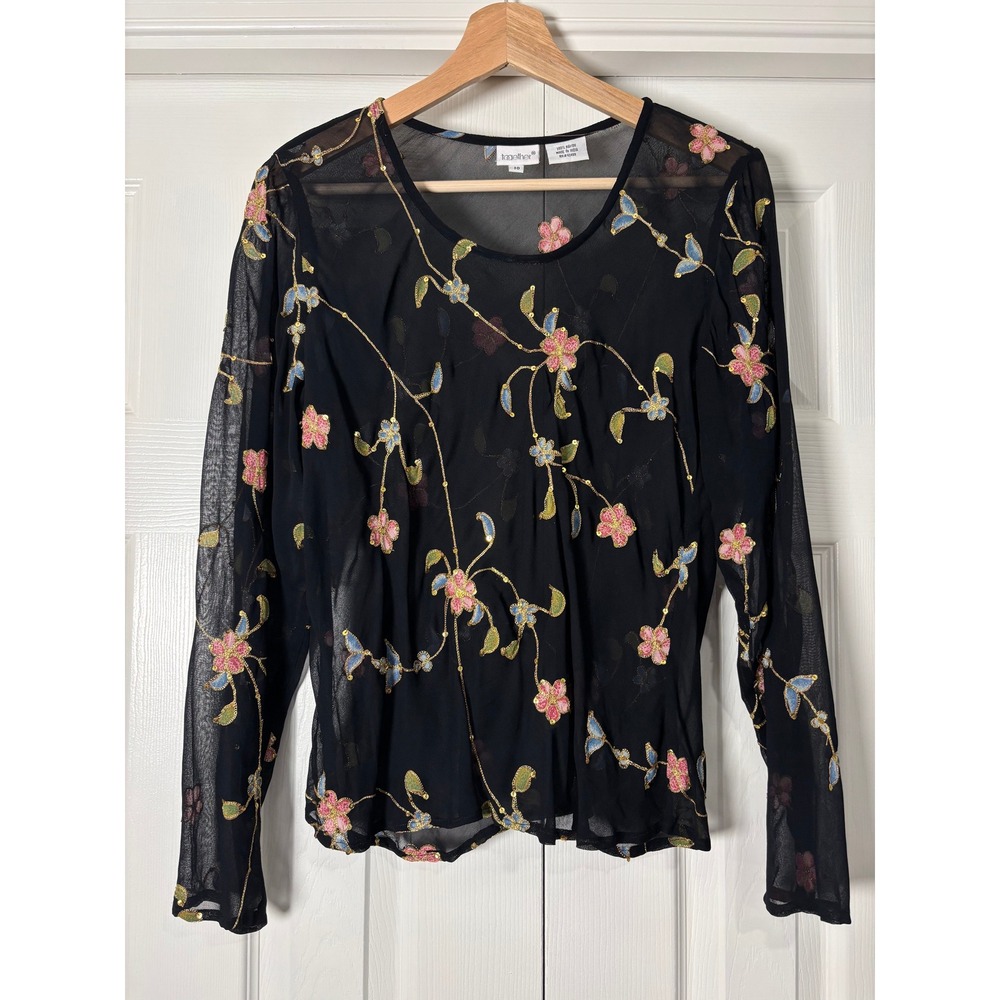 Vintage Together 90s Sheer Mesh Floral Embroidered Sequin Blouse Black Top 10